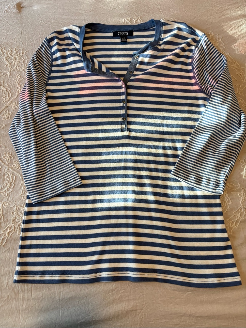 Chaps Navy and White Striped Long-Sleeve Henley Top Size L